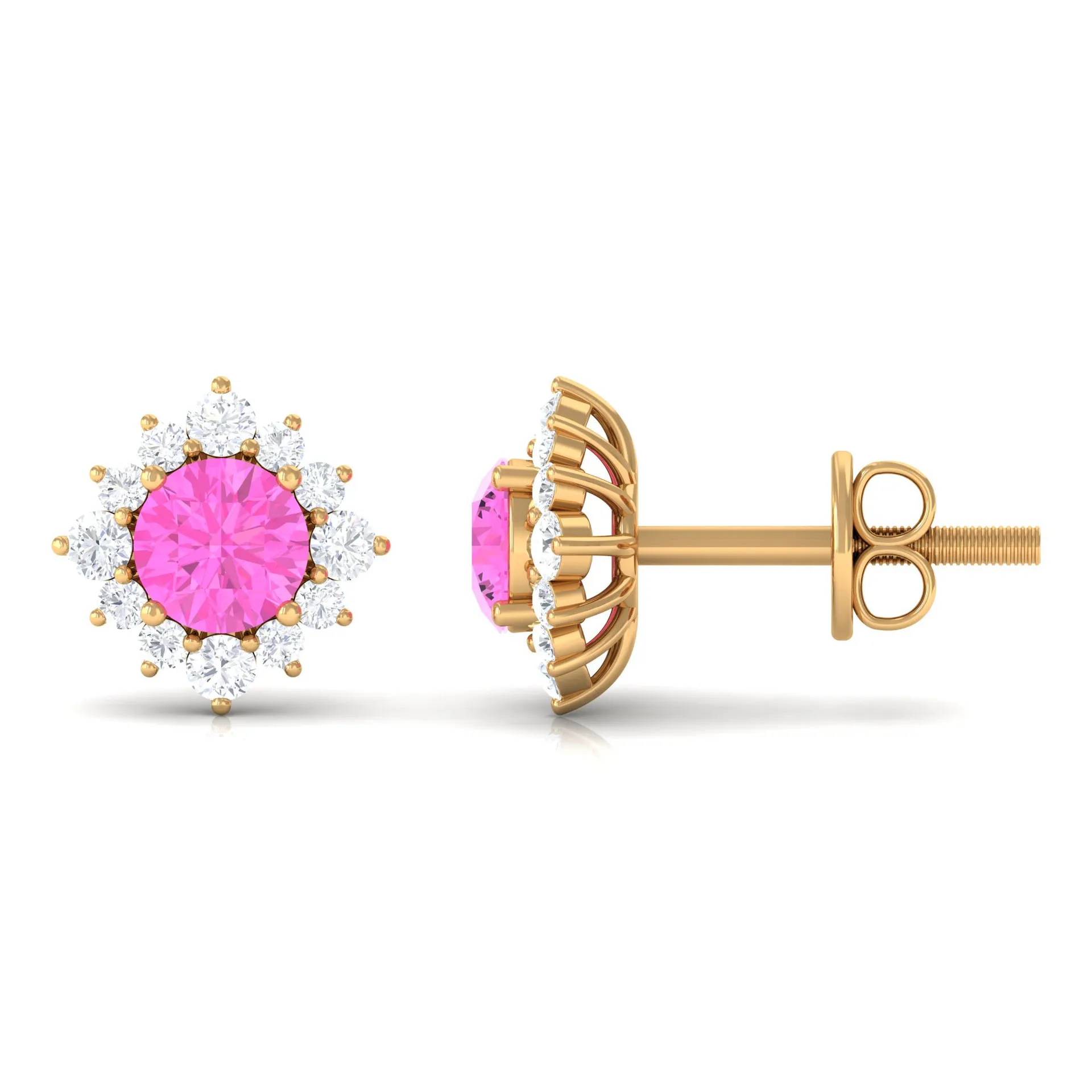 1 CT Pink Sapphire Classic Stud Earrings with Diamond Halo