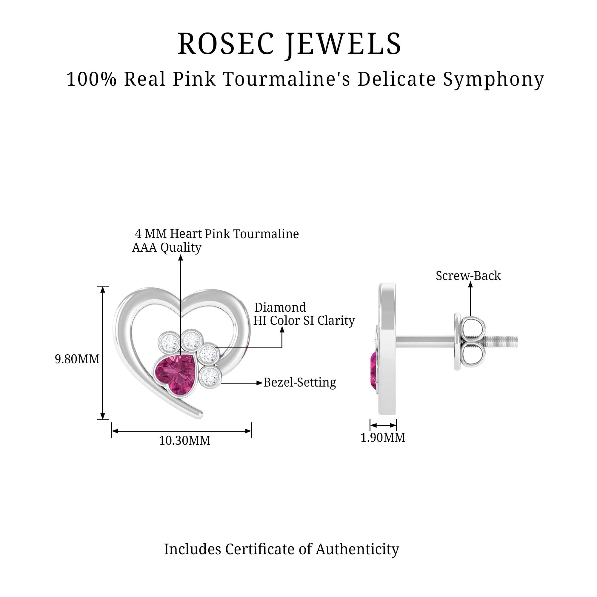 1/2 CT Heart Shape Pink Tourmaline and Diamond Dog Paw Stud Earrings