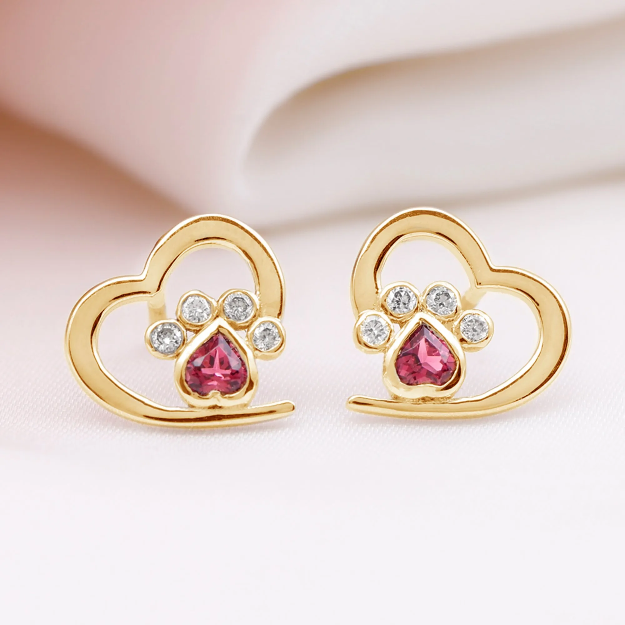 1/2 CT Heart Shape Pink Tourmaline and Diamond Dog Paw Stud Earrings