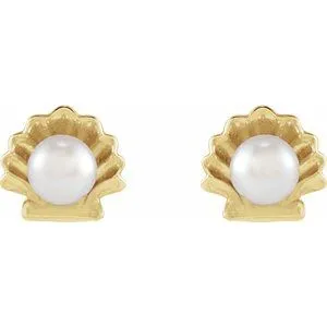 14K Yellow Gold Cultured White Seed Pearl Shell Earrings