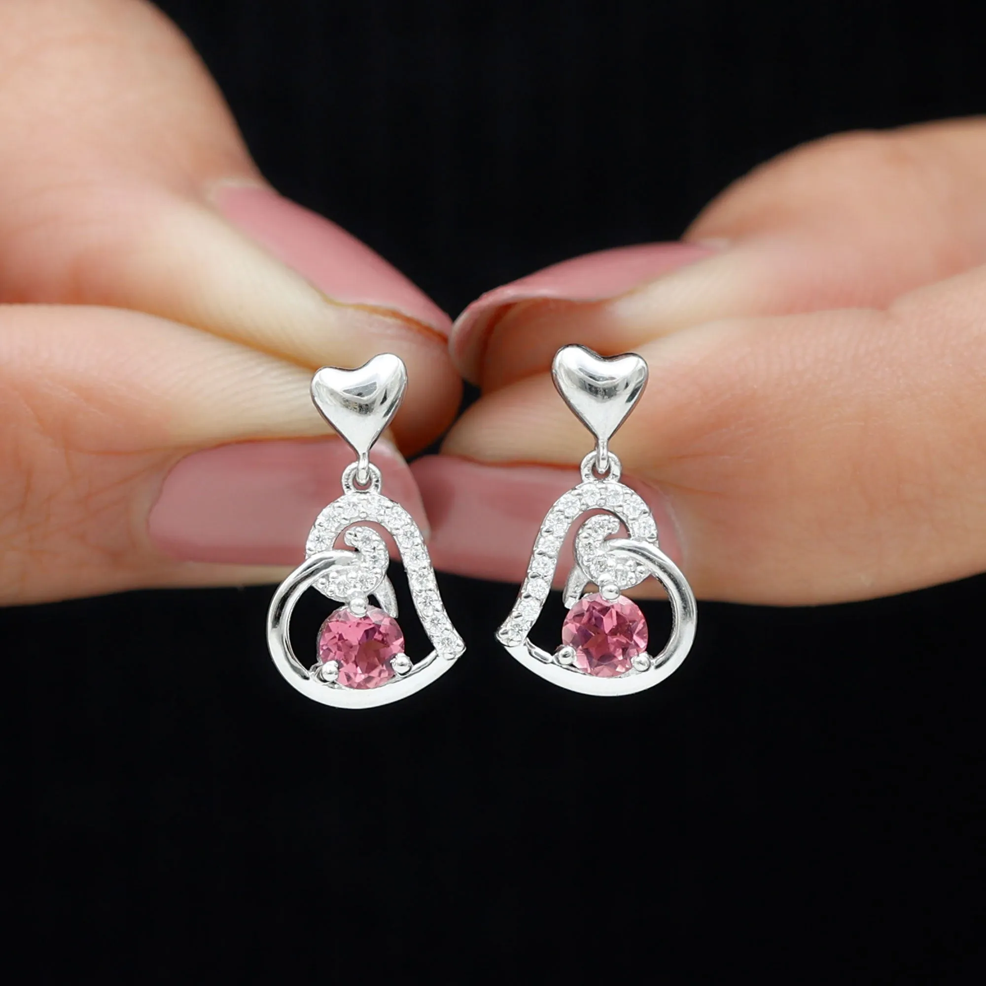 3/4 CT Pink Tourmaline and Diamond Heart Drop Earring