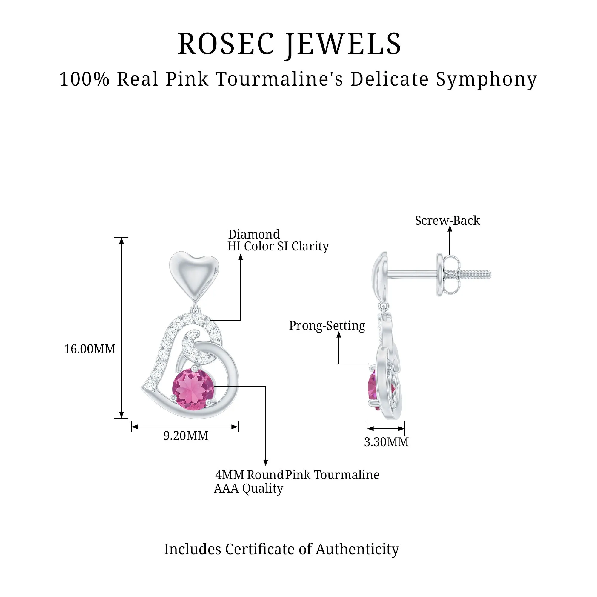 3/4 CT Pink Tourmaline and Diamond Heart Drop Earring