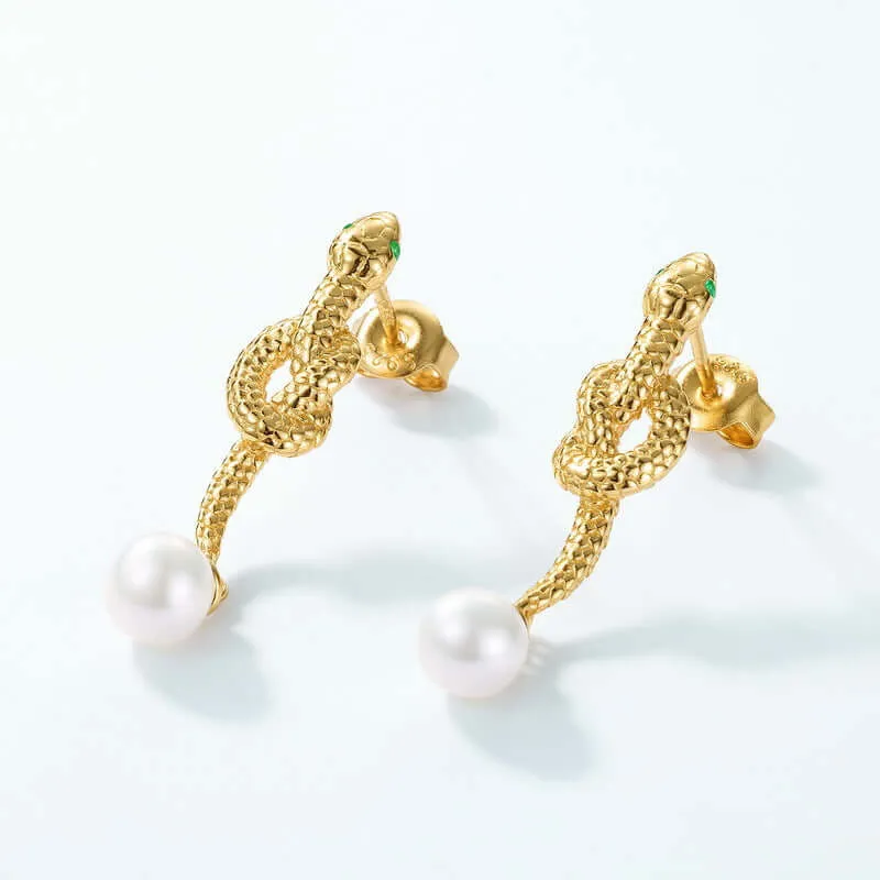 925 Silver Golden Snake Earrings With Freshwater Pearls