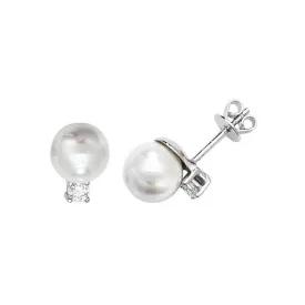 Acotis Silver Stud Earrings Zirconia & Pearl Rhodium Plated G51174