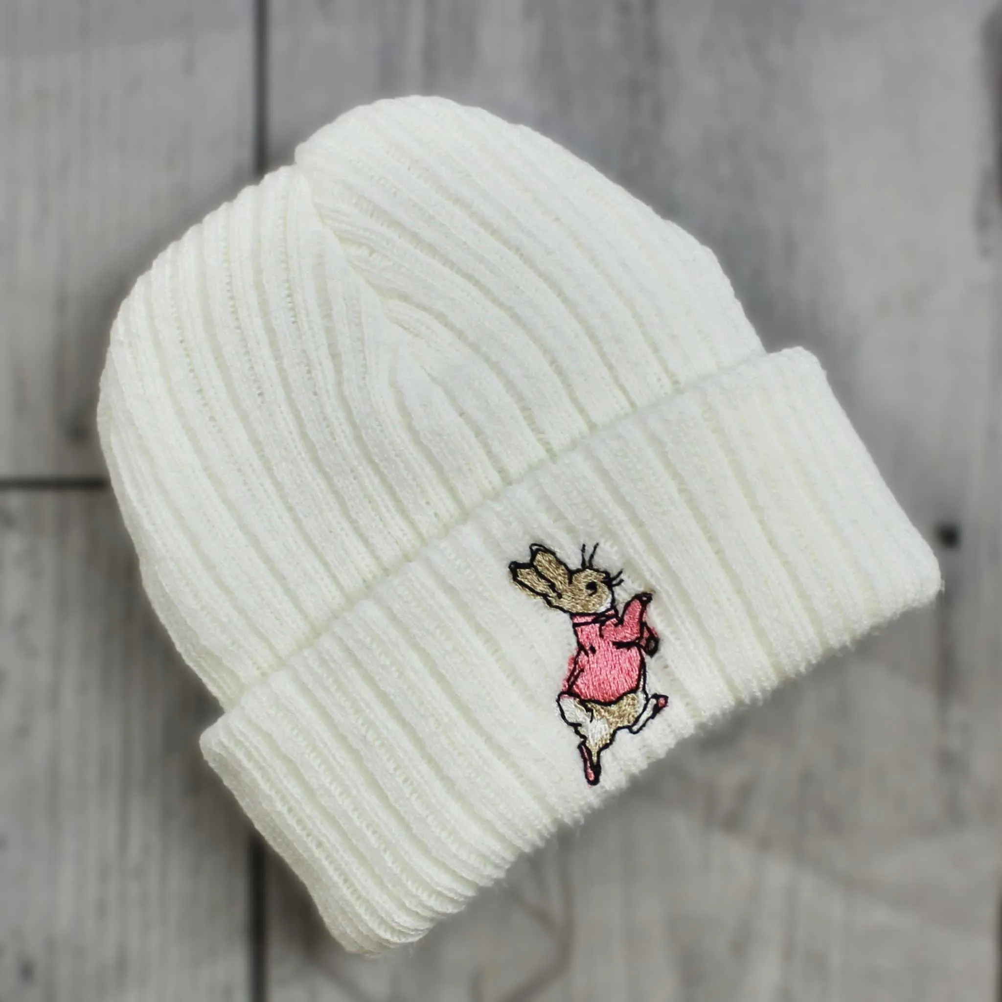 Baby Girls Beanie Hat -White - Rabbit Embroidery