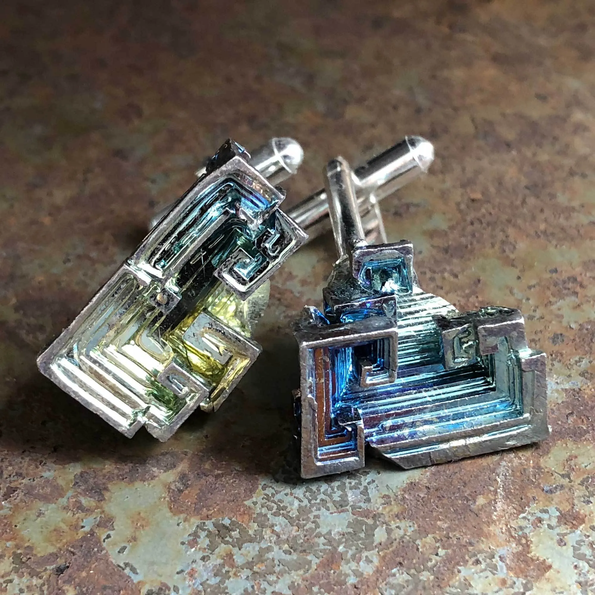 Bismuth Cufflinks, raw stone geometric crystal cuff links