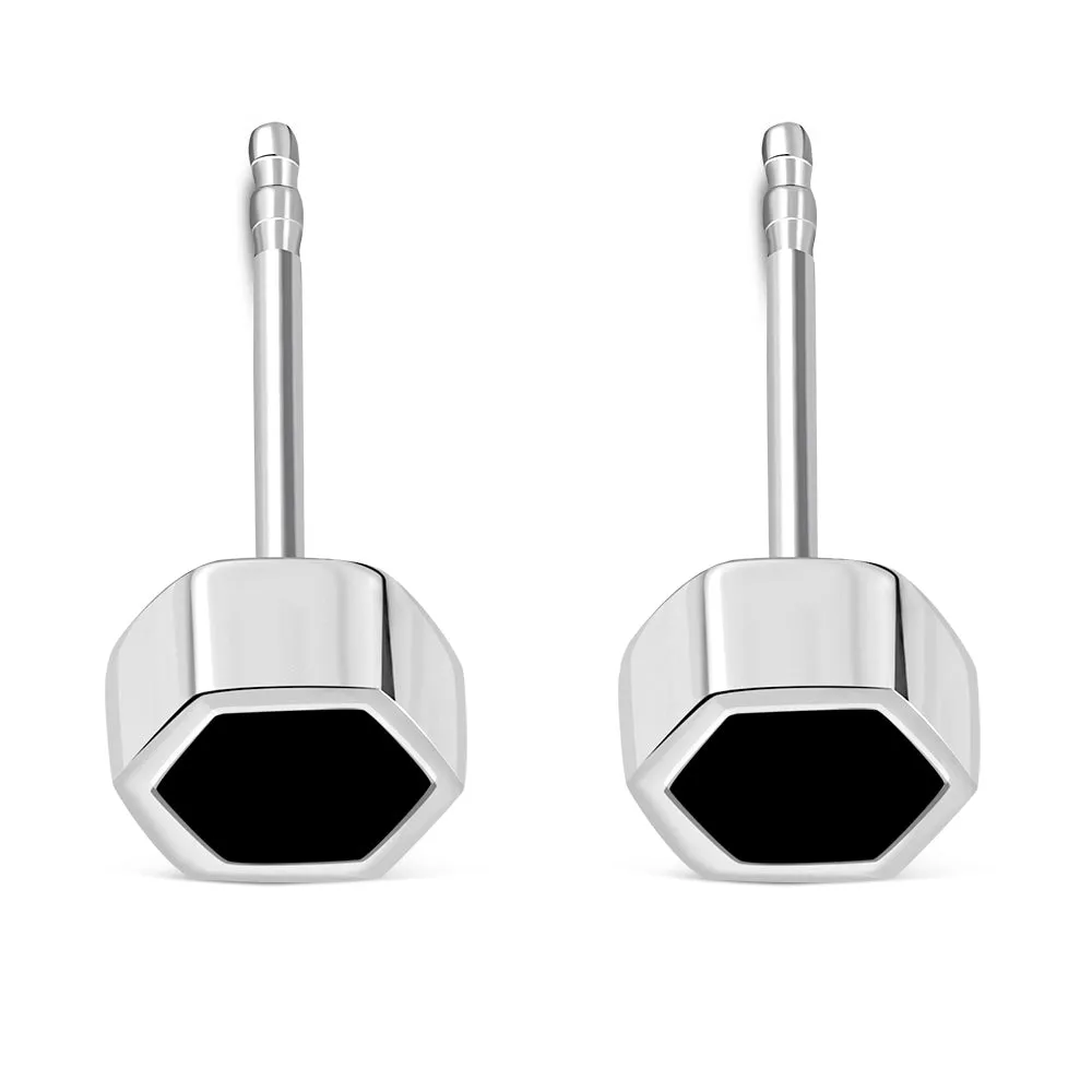 Black Onyx Hexagon Silver Stud Earrings