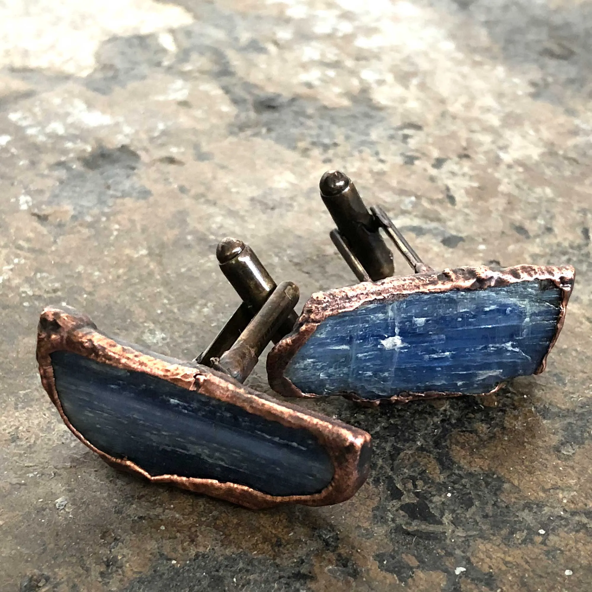 Blue Kyanite Electroformed Cufflinks, raw stone cuff links