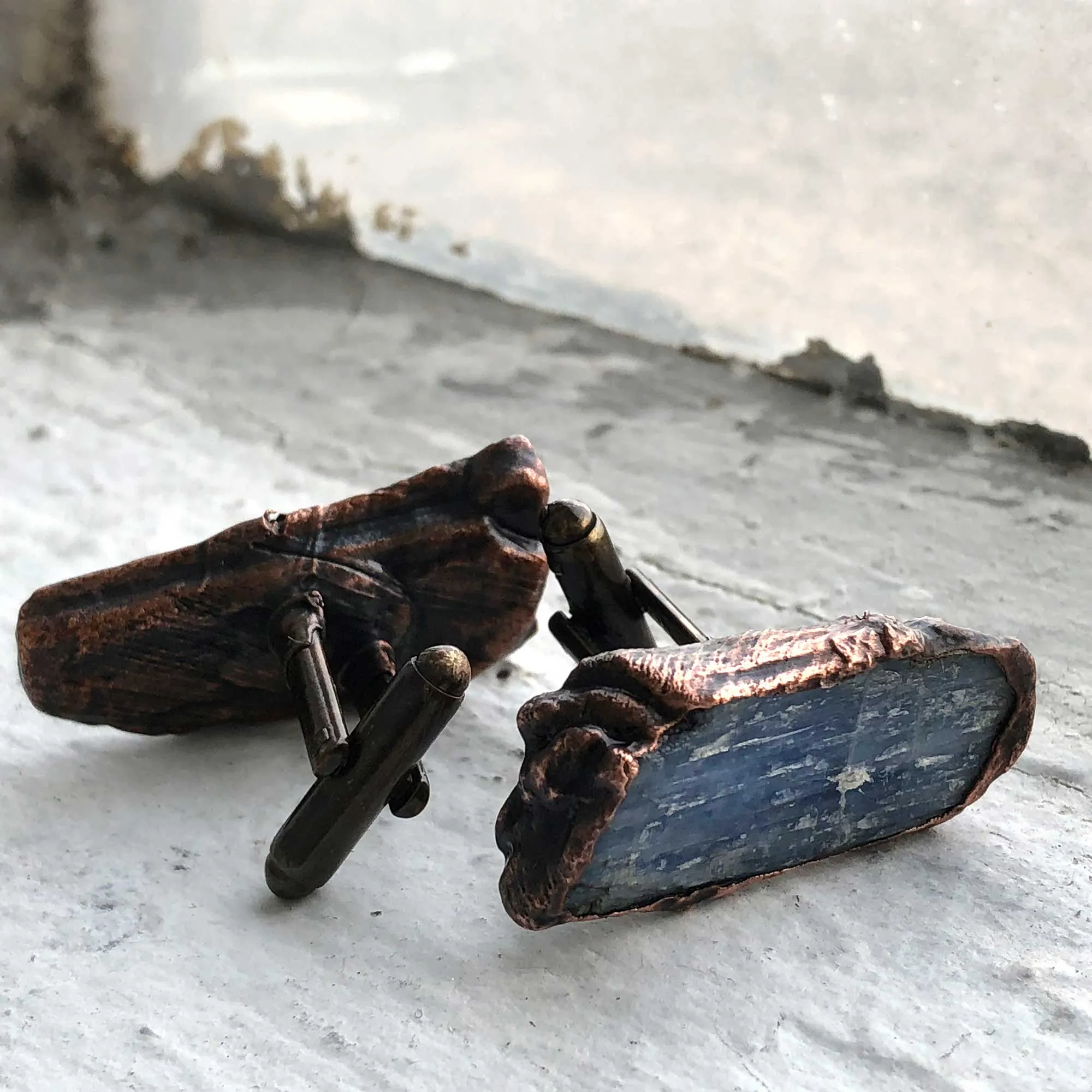 Blue Kyanite Electroformed Cufflinks, raw stone cuff links