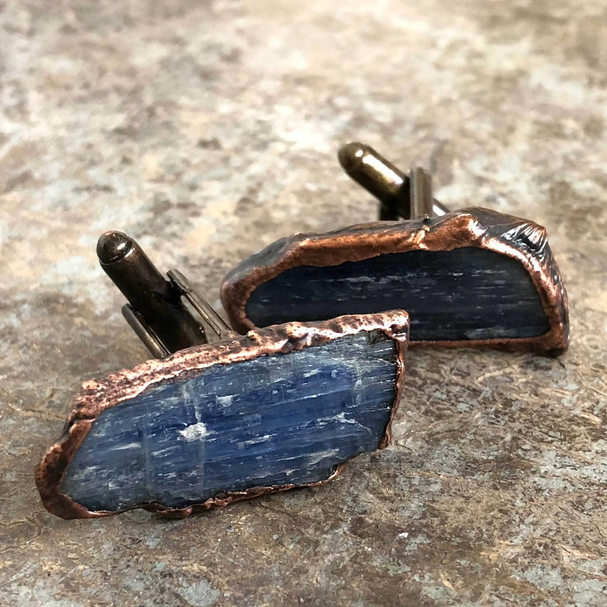 Blue Kyanite Electroformed Cufflinks, raw stone cuff links