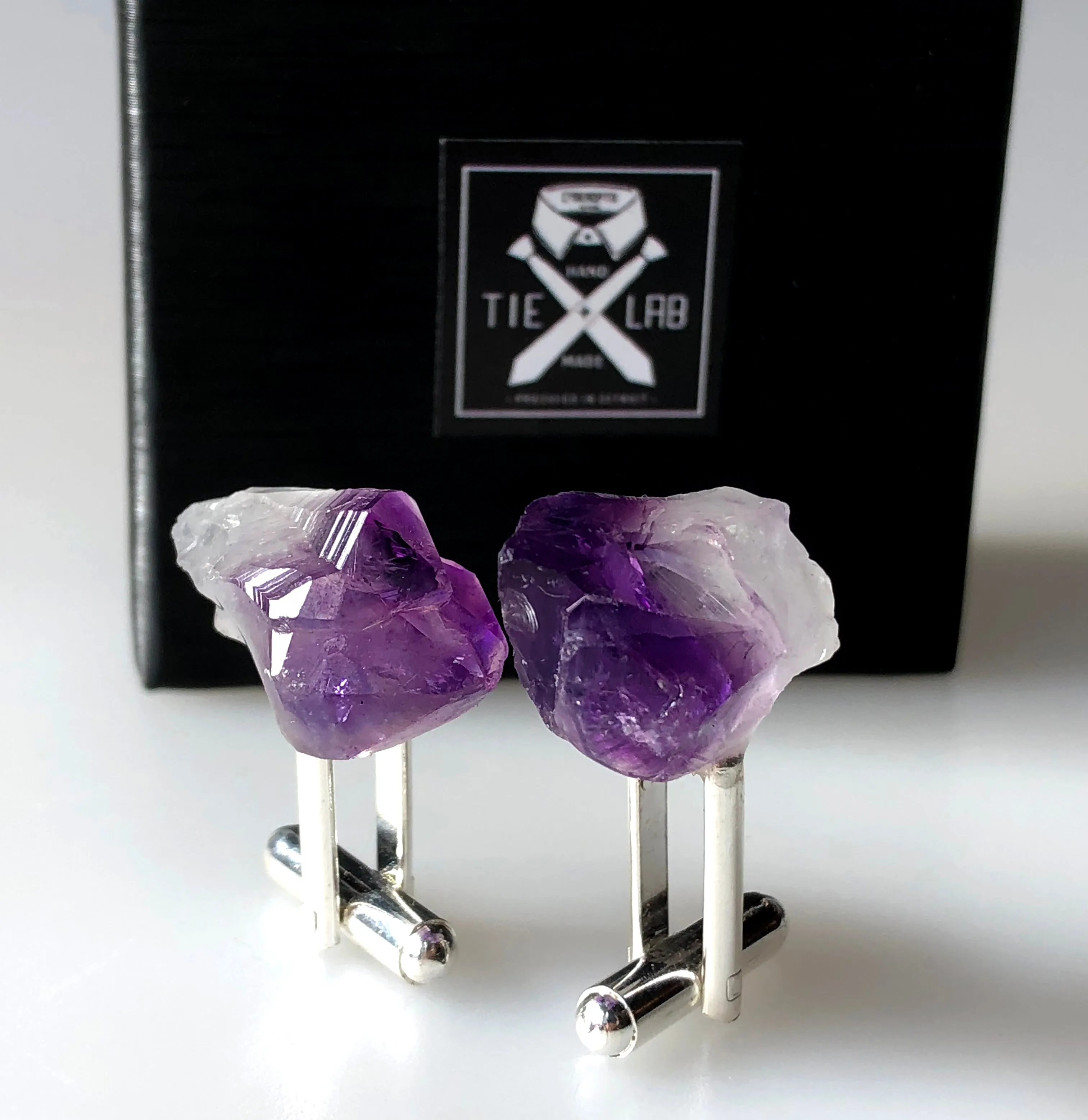 Deep Purple Uruguay Amethyst Crystal Cufflinks, raw stone crystal cuff links