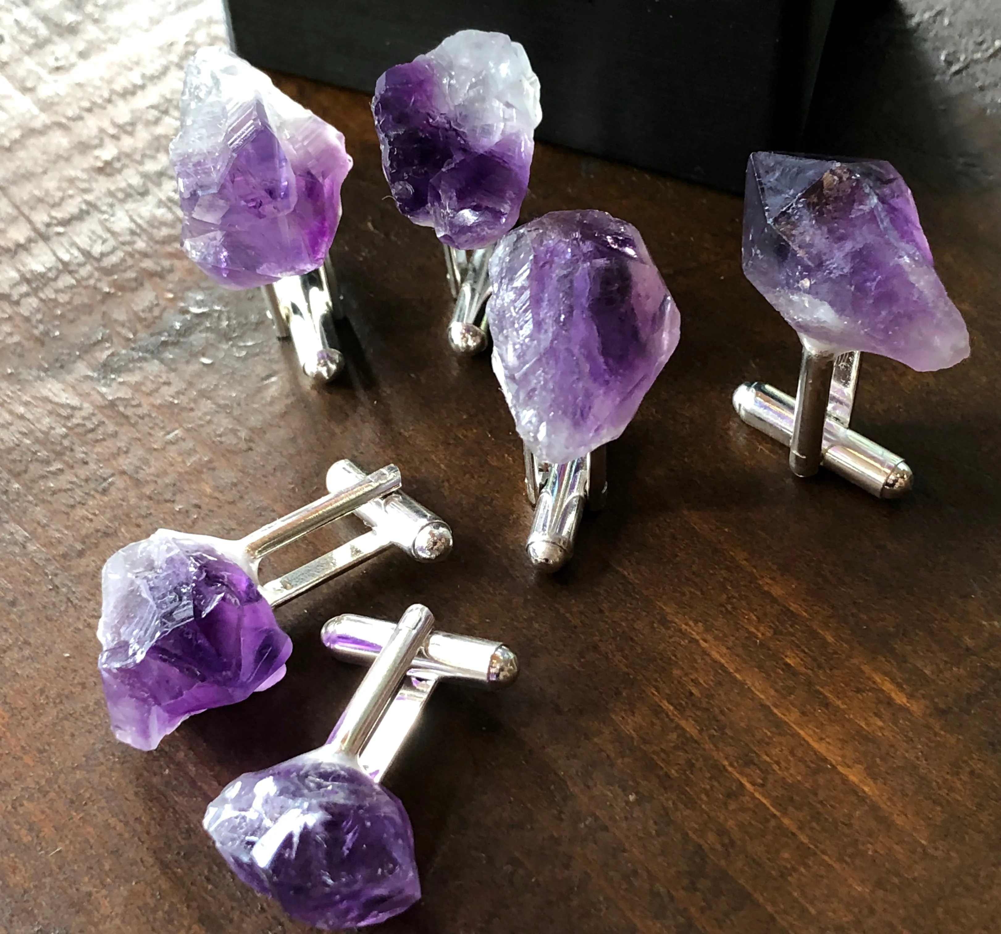 Deep Purple Uruguay Amethyst Crystal Cufflinks, raw stone crystal cuff links