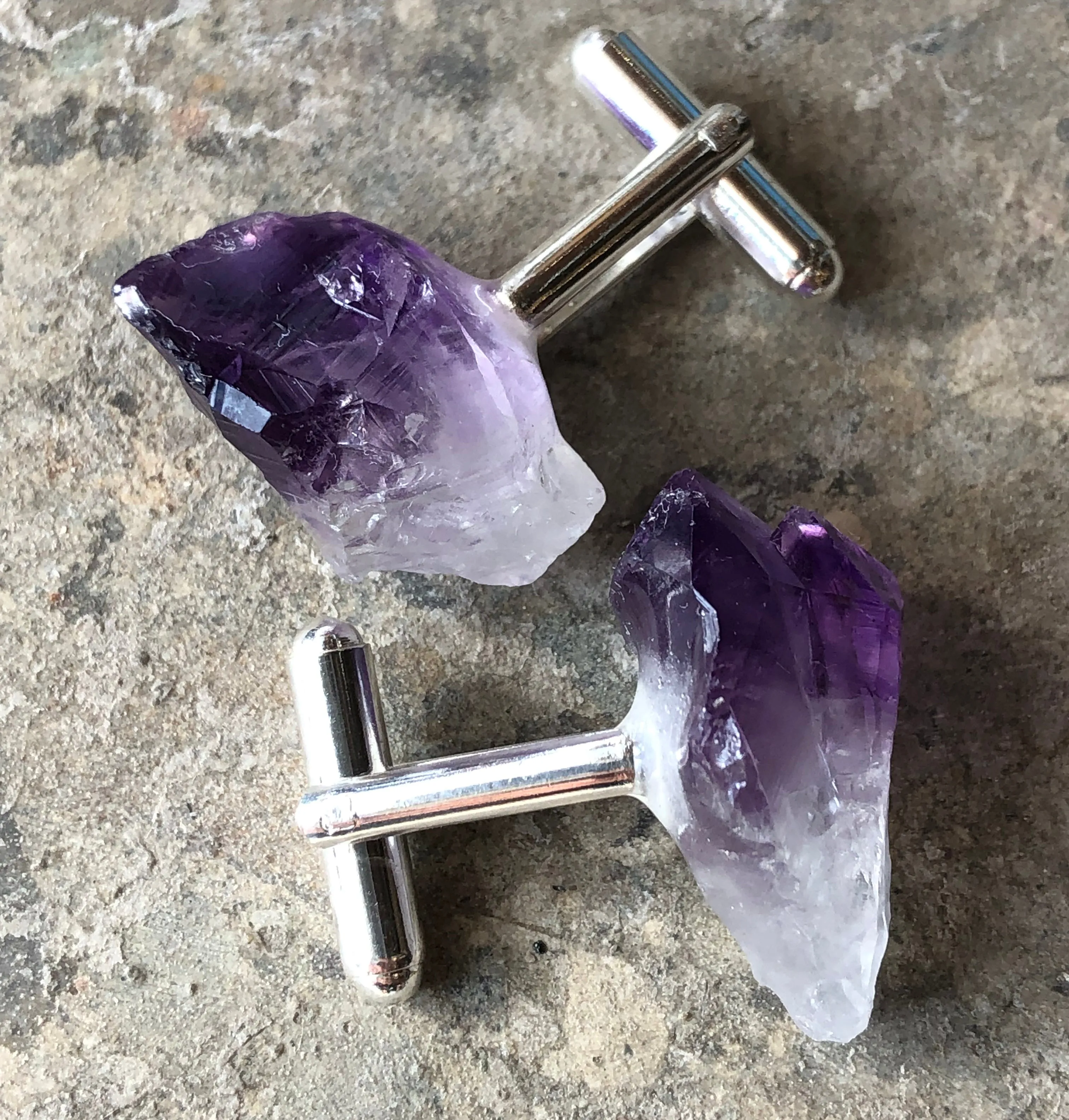 Deep Purple Uruguay Amethyst Crystal Cufflinks, raw stone crystal cuff links