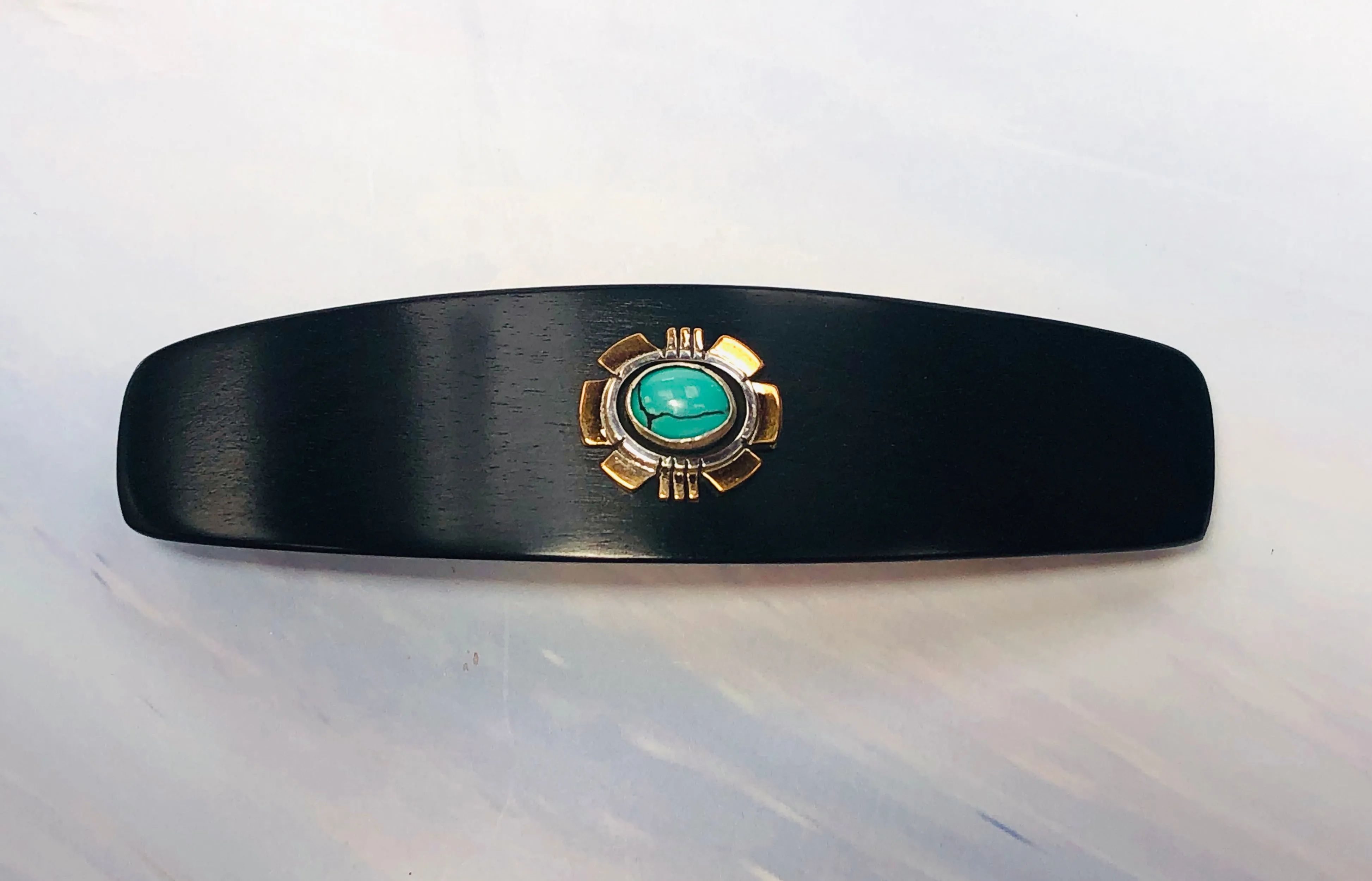 Ebony 14k gold Turquoise barrette, Ebony Gemstone Barrette