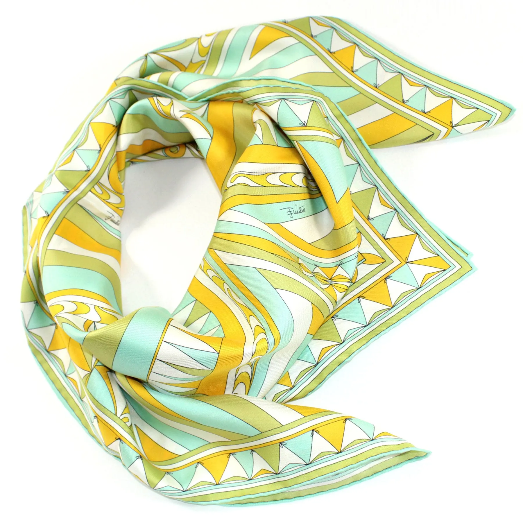 Emilio Pucci Scarf White Orange Olive Aqua Ornamental - Twill Silk Square Foulard