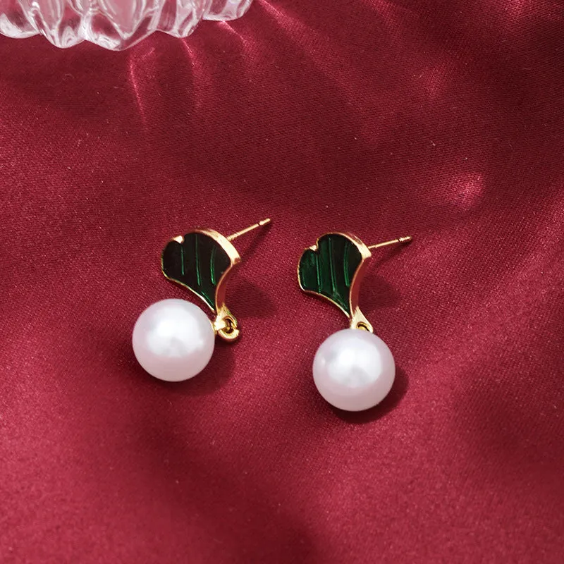 Ginkgo Leaf Pearl Stud Earrings Sterling