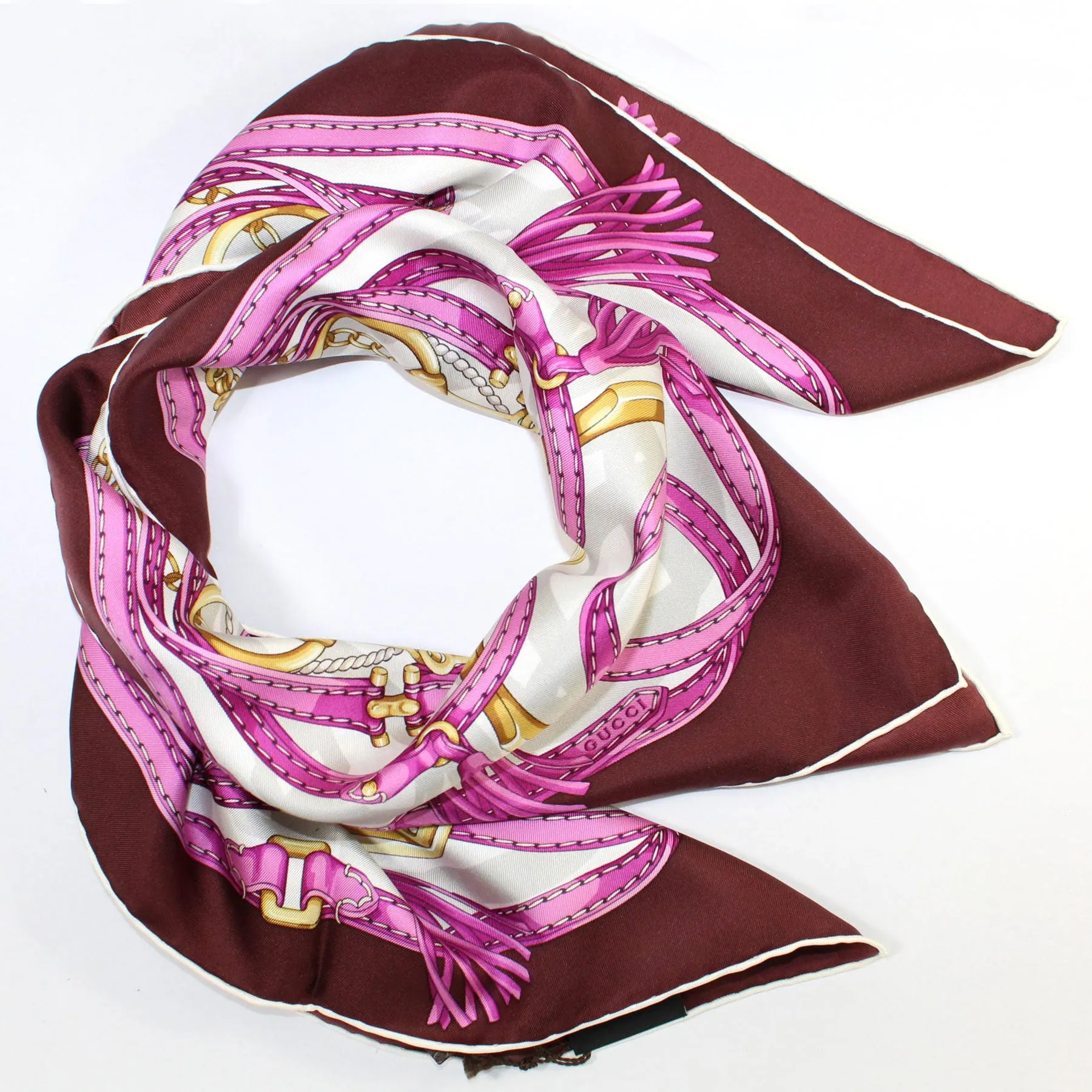 Gucci Scarf Maroon Pink Gold Equestrian Design - 36 Inch Square Twill Silk Scarf