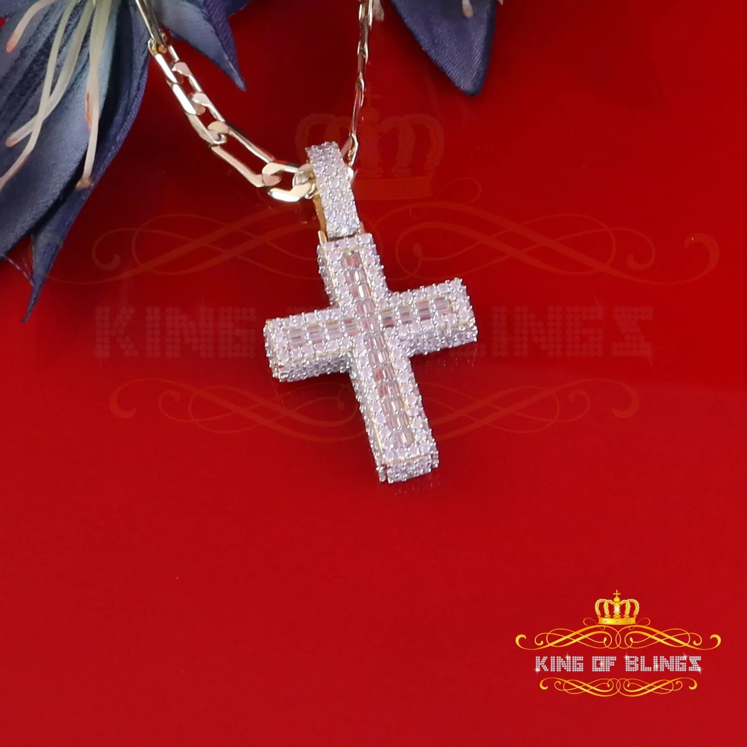 King Of Bling's 925 Sterling Yellow Silver 4.50ct VVS D Clr. Moissanite Cross Pendant Men/ Women