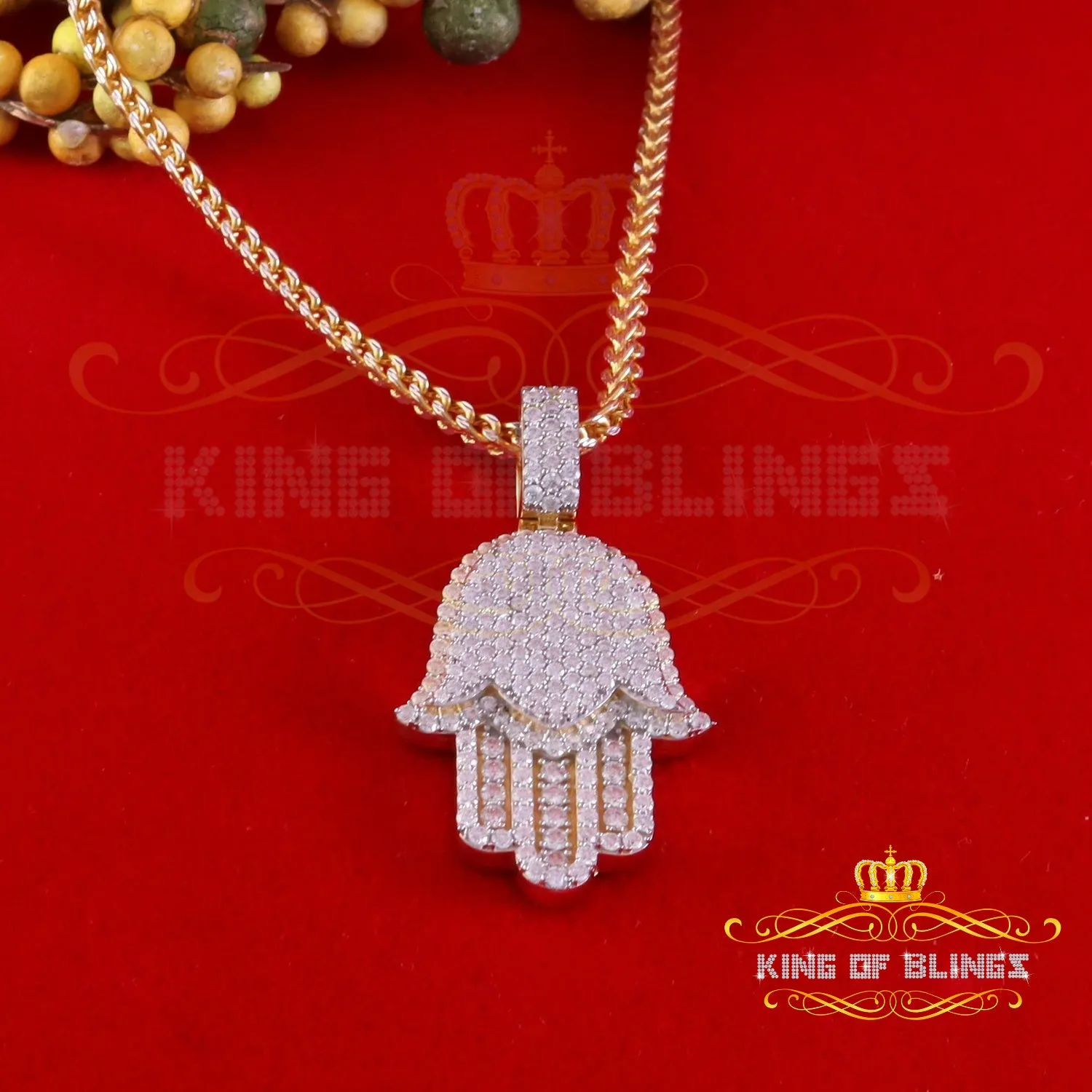 King Of Bling's Yellow Charm Hamsa Pendant 3.0ct VVS D Moissanite Sterling Silver Men's & Women