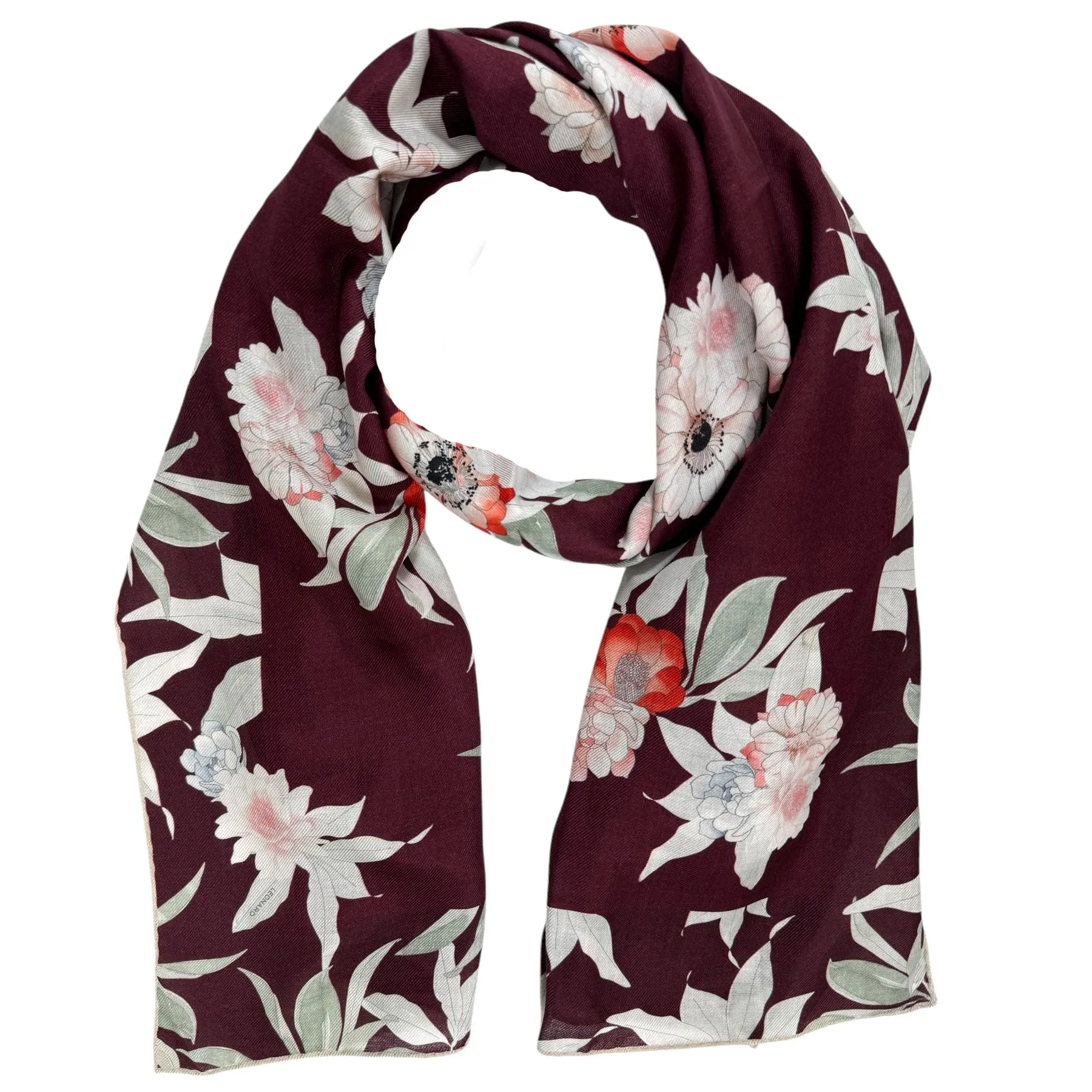 Leonard Paris Scarf Maroon Floral Design - Luxury Cashmere/ Silk Shawl