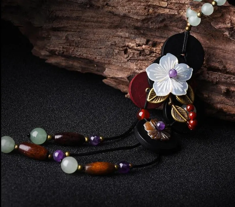 Long pendants wooden necklace shell flowers, purple crystal  ethnic exotic Necklace