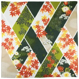 Momiji Leaves Motif Cotton Handkerchief - Olive / Cream