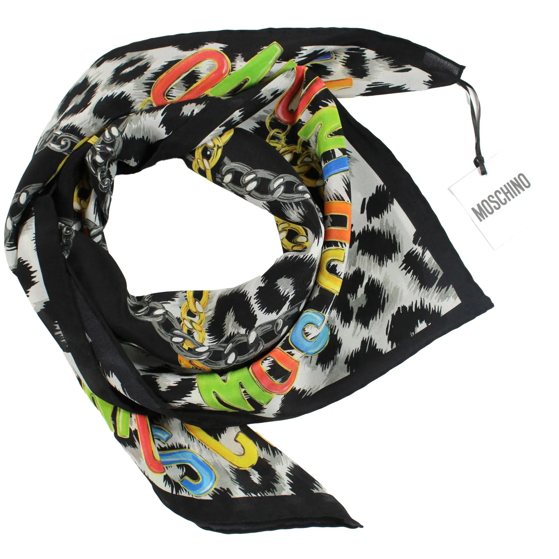 Moschino Scarf Black Multi Colored Logo Design - Large Square Silk Foulard FINAL SALE