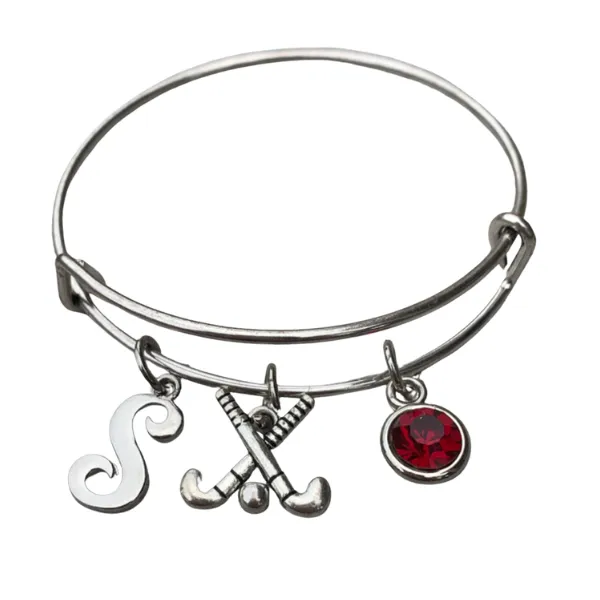 Personalized Field Hockey Bangle - Letter & Birthstone Charm