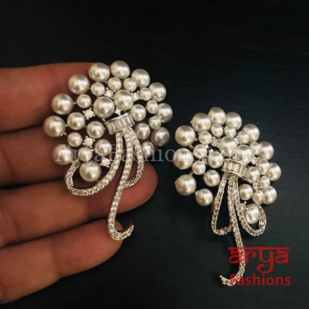 Silver Pearl Cubic Zirconia Designer Studs