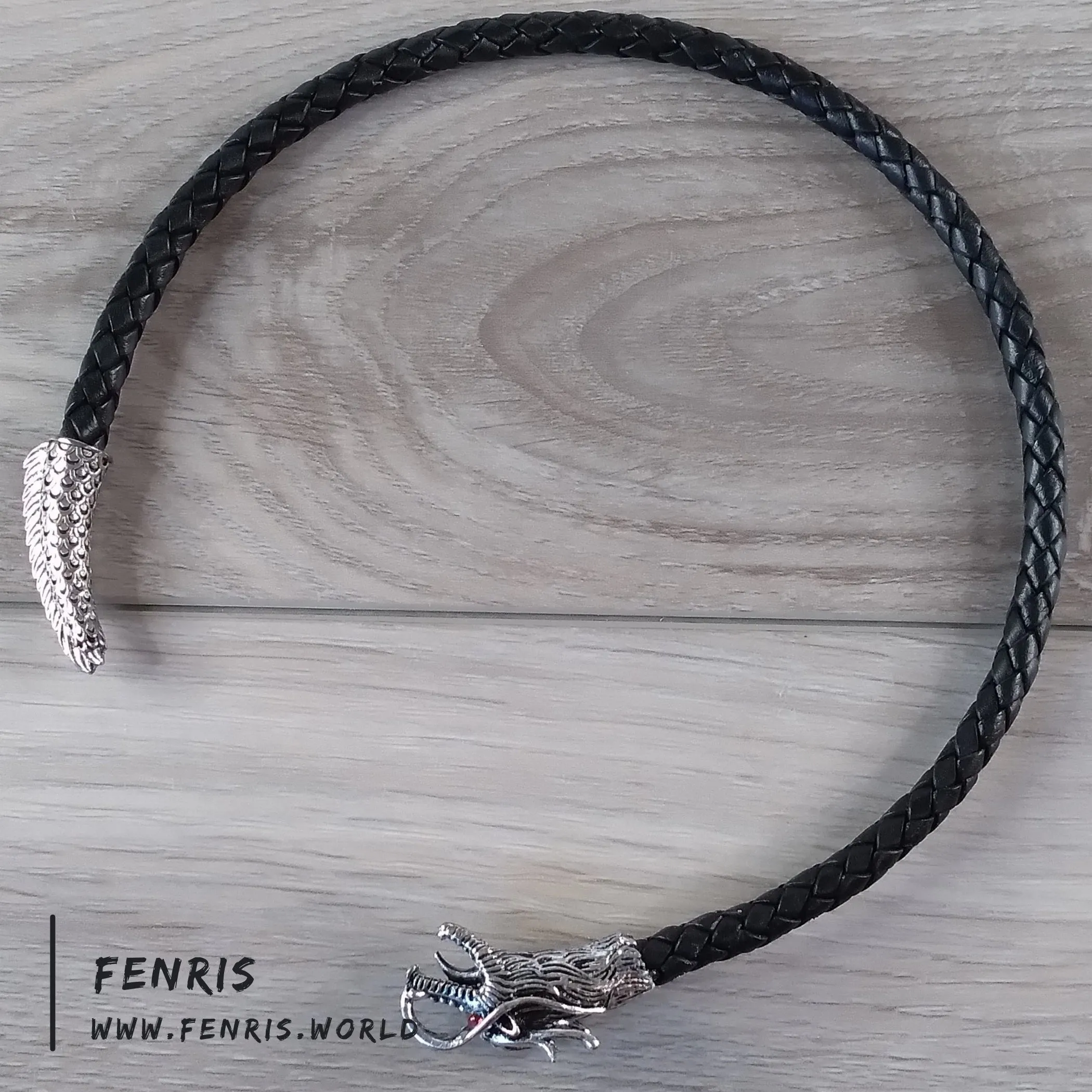 Silver Torc Dragon Black Leather Tail Chaser | Fenris