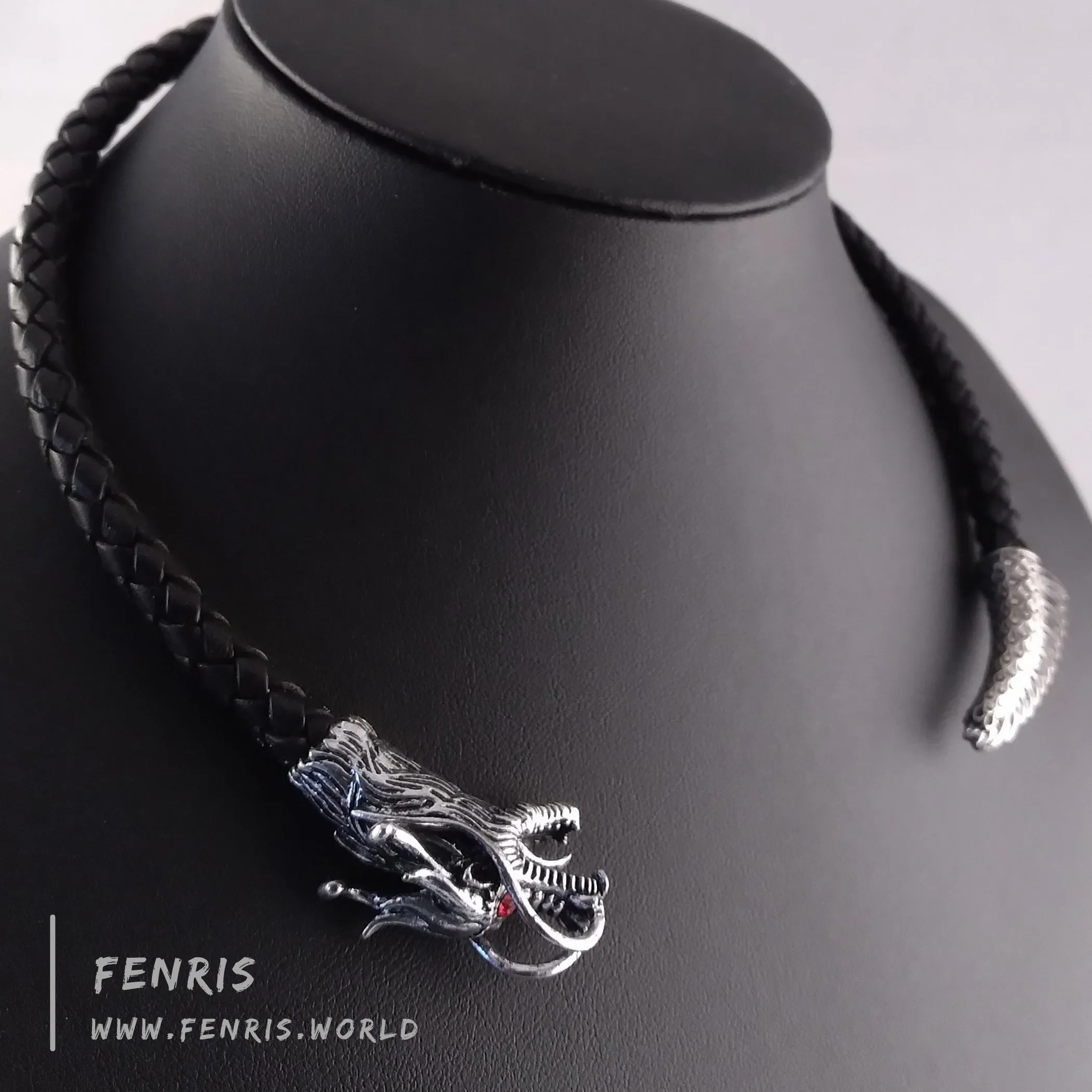 Silver Torc Dragon Black Leather Tail Chaser | Fenris