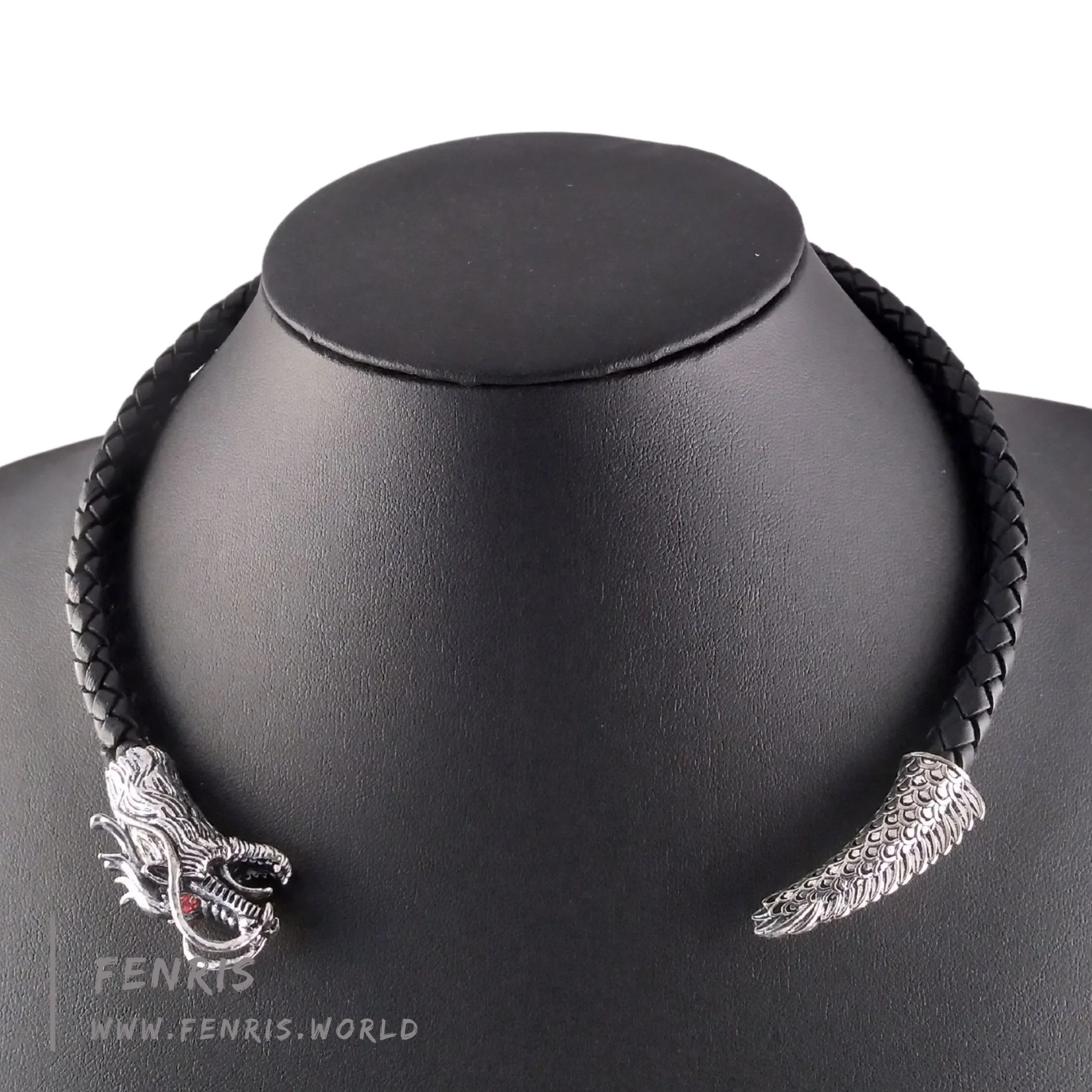 Silver Torc Dragon Black Leather Tail Chaser | Fenris