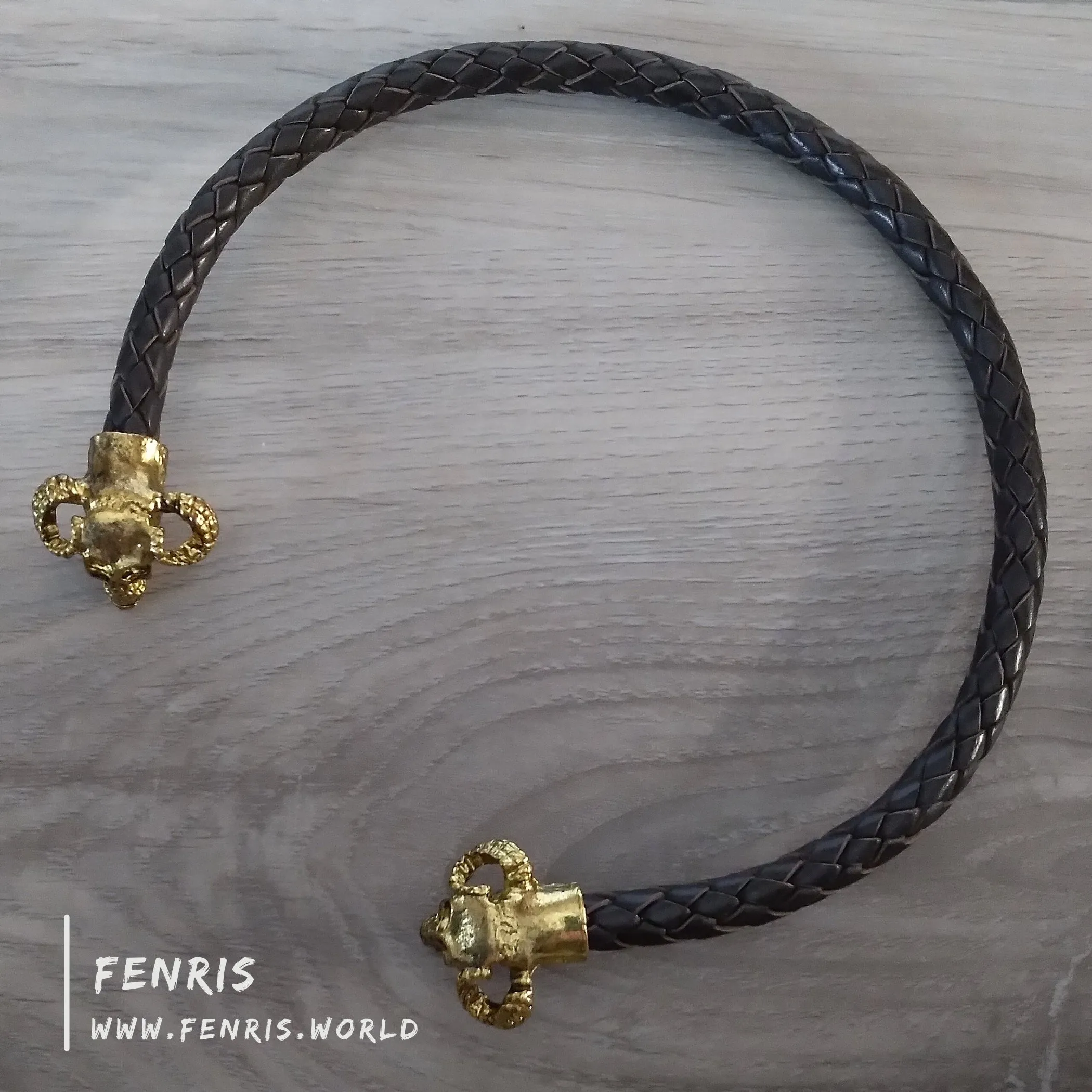 Skull Torc Necklace Gold Horned Brown Leather