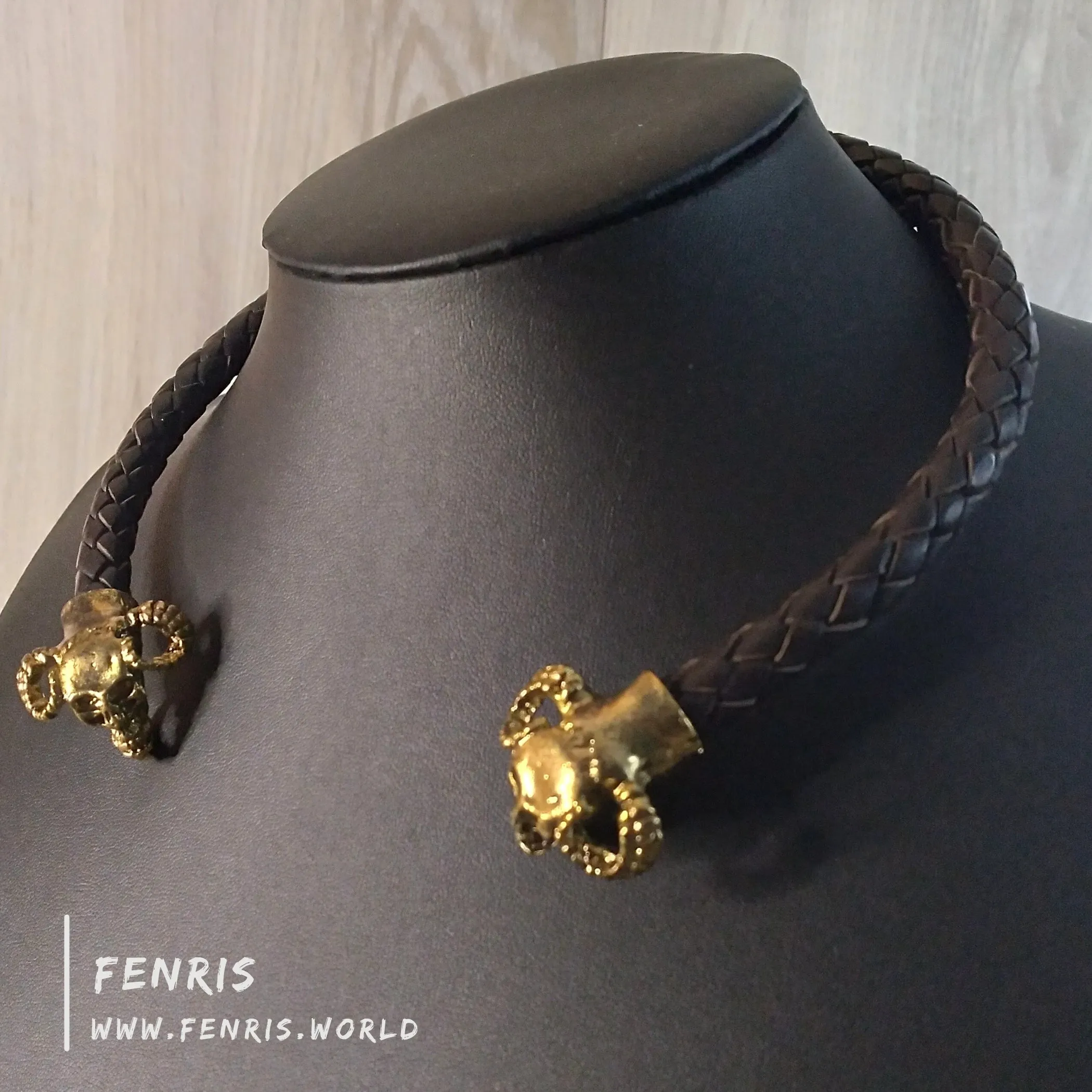 Skull Torc Necklace Gold Horned Brown Leather