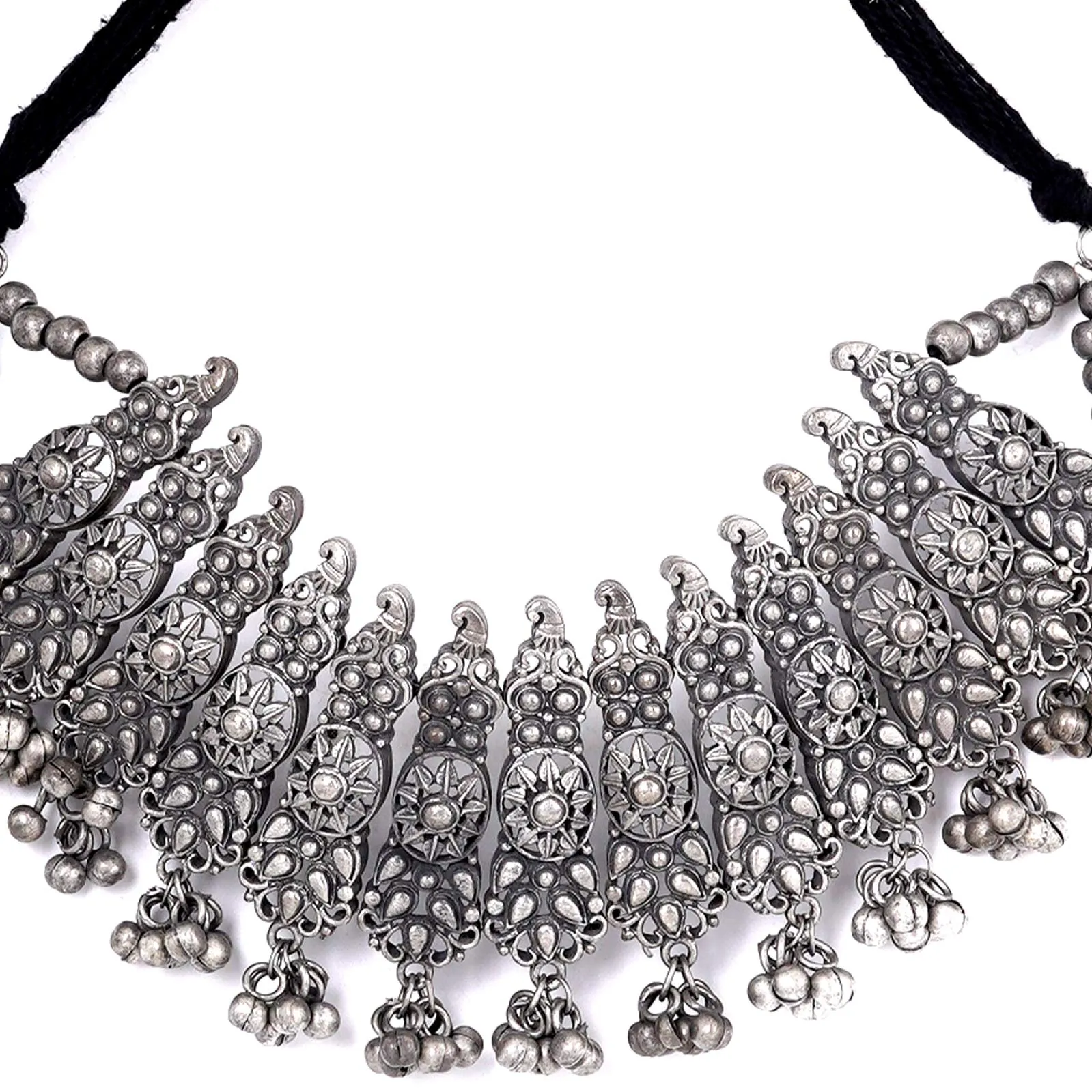 TEEJH Anay Antique Silver Polish Choker Necklace Set for Women