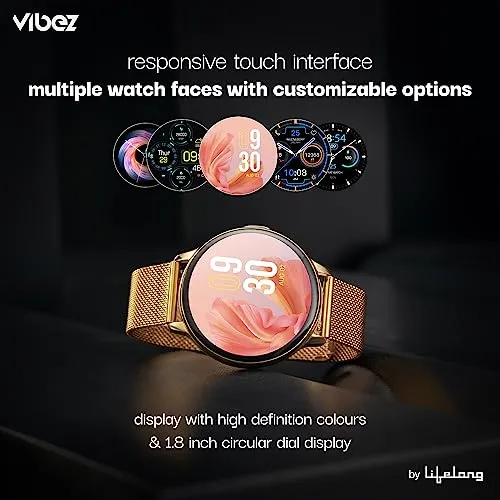 Vibez by Lifelong Premium Luxury Smartwatch for Women with Metal Strap & HD Display, BT Calling, Multiple Watch Faces, Health Tracker, Sports Modes & Free Silicone Strap Smart Watch (Emerald, Gold)