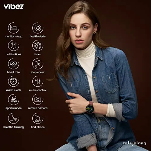 Vibez by Lifelong Premium Luxury Smartwatch for Women with Metal Strap & HD Display, BT Calling, Multiple Watch Faces, Health Tracker, Sports Modes & Free Silicone Strap Smart Watch (Emerald, Gold)