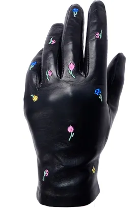 Vintage Floral Embroidered Black Leather Gloves W Silk Lining