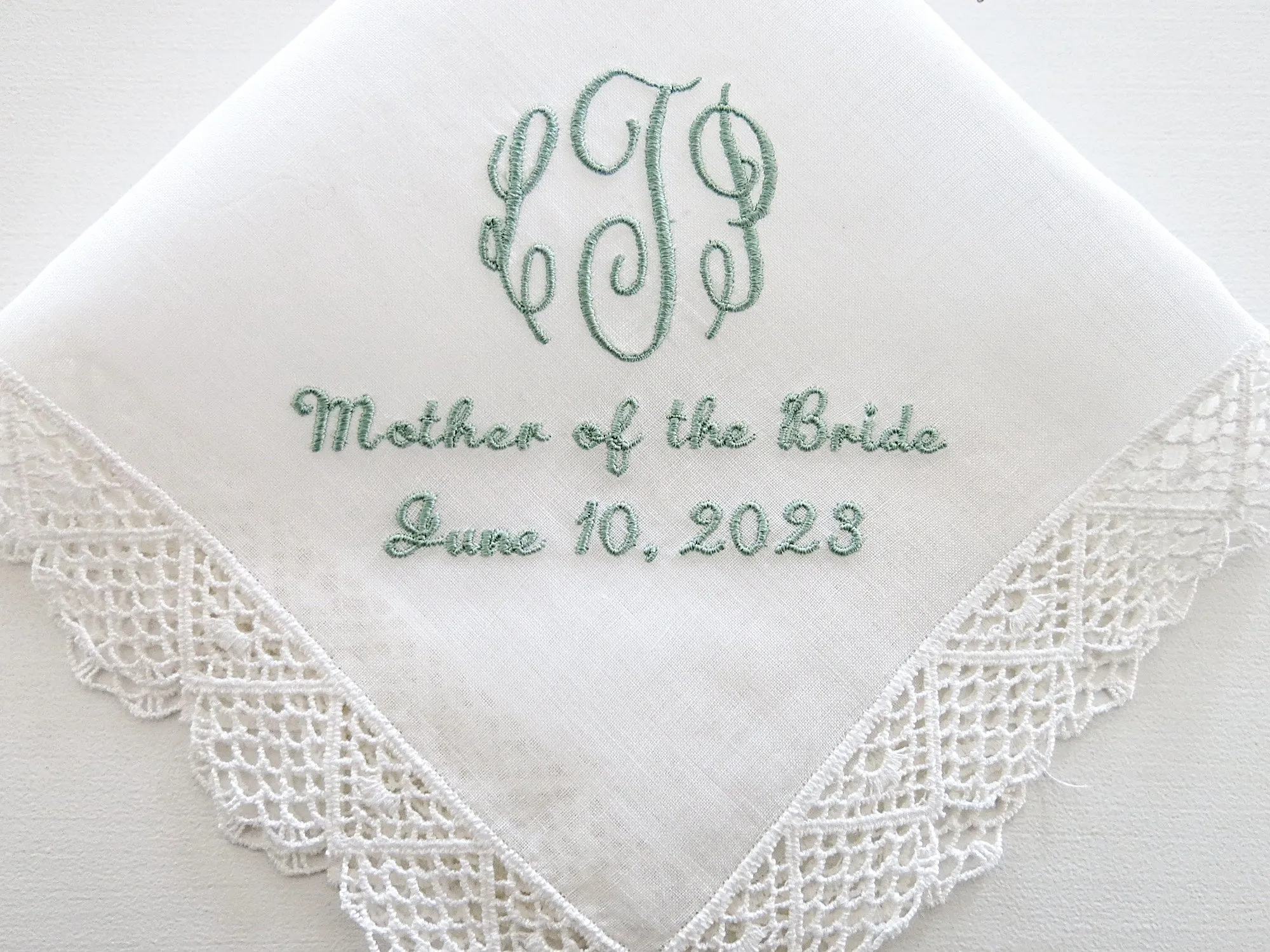 White Wedding Handkerchief for Mother of the Bride with 3 Initial Monogram, MOB and wedding date