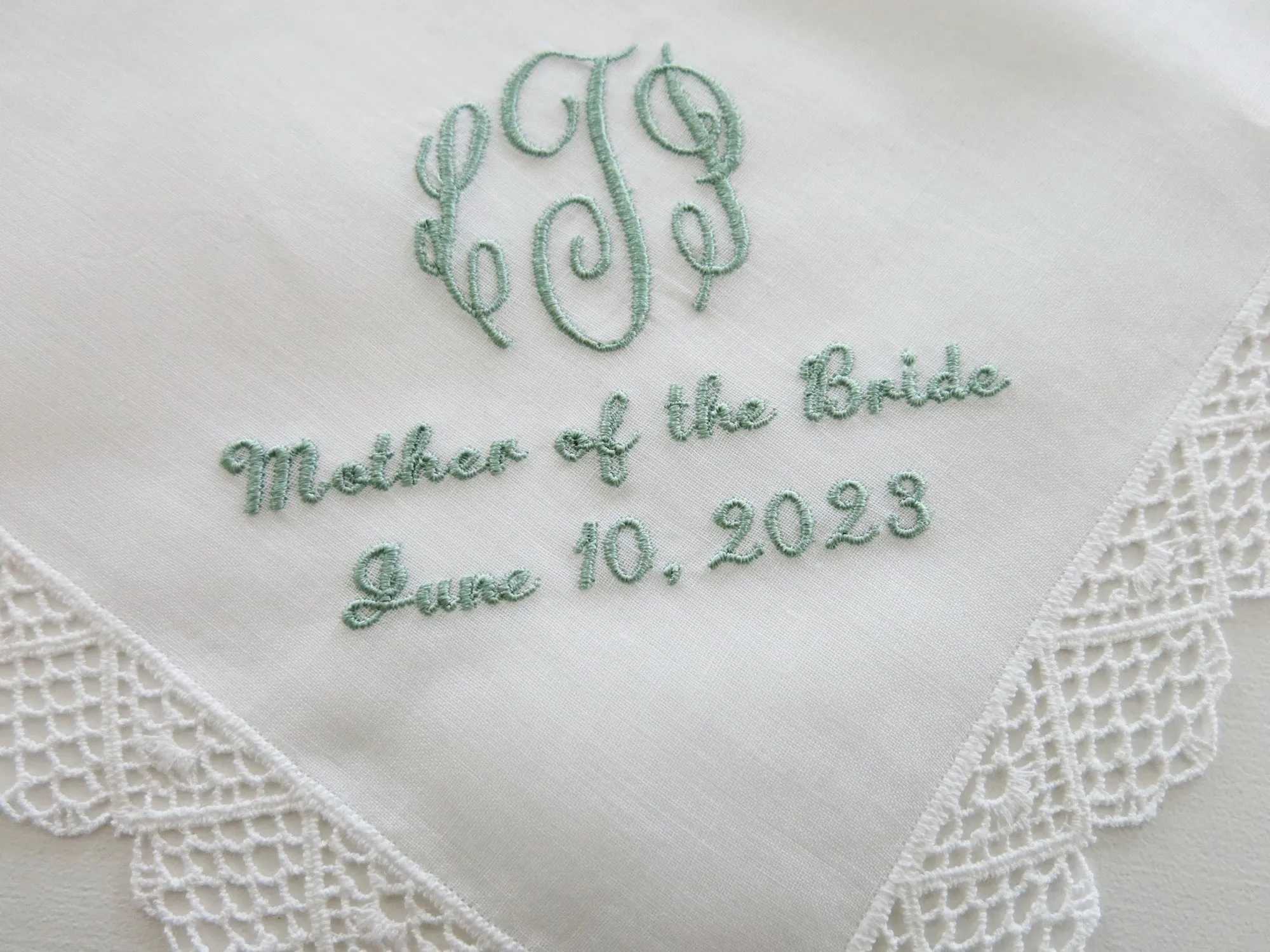 White Wedding Handkerchief for Mother of the Bride with 3 Initial Monogram, MOB and wedding date