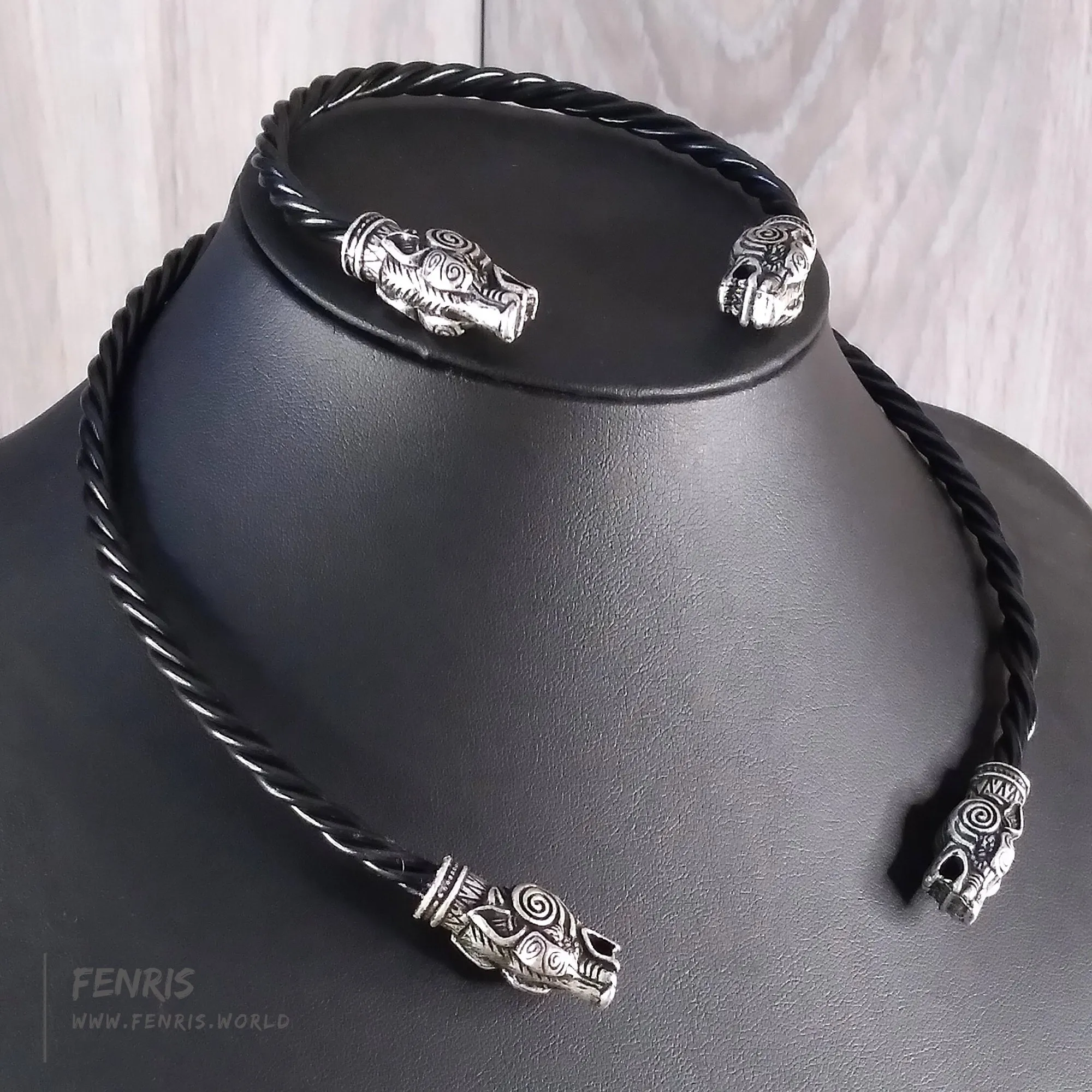 Wolf Torc Necklace Bracelet Set Silver Black Norse Viking Style